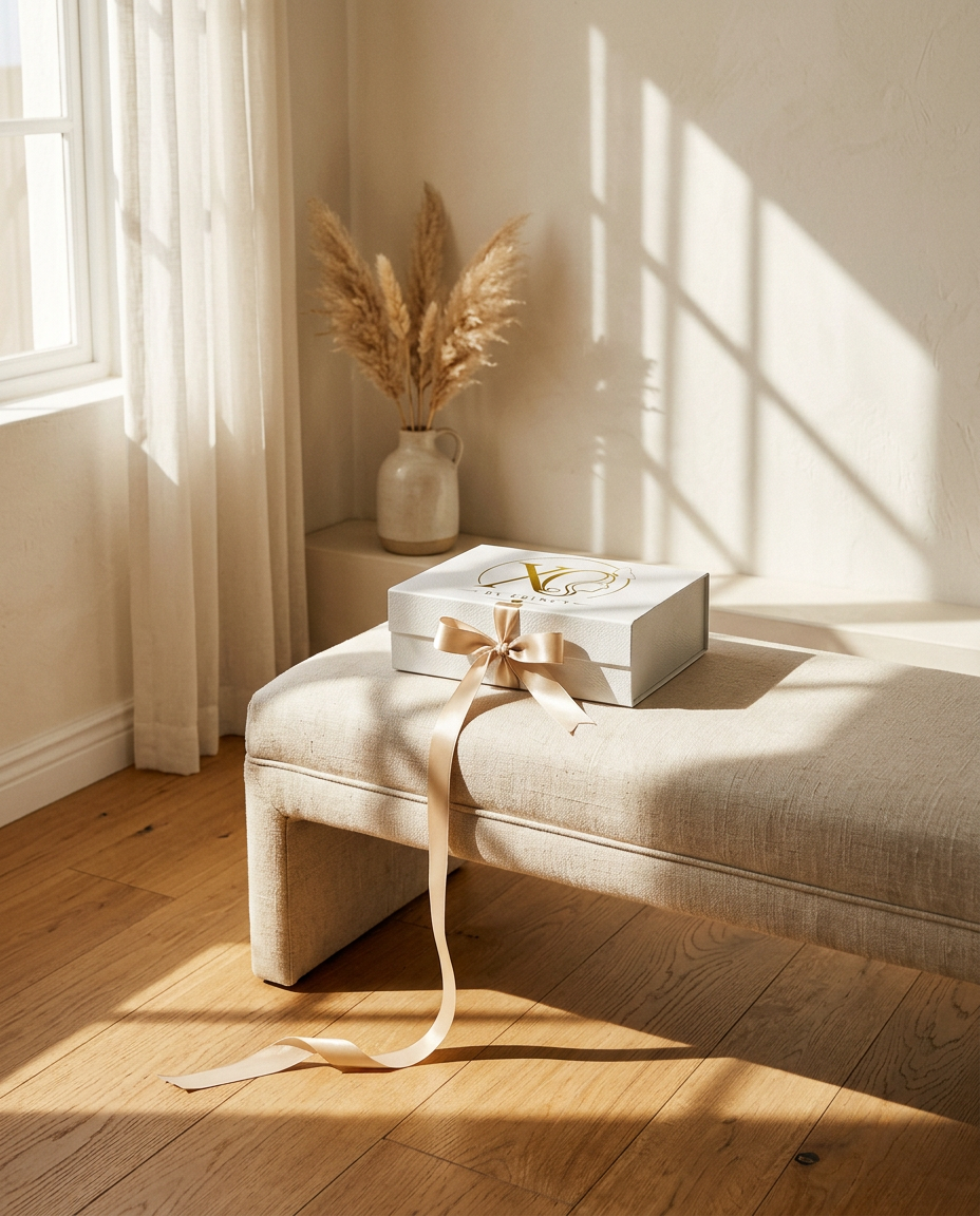 Interior of a luxury beauty studio with a champagne vanity